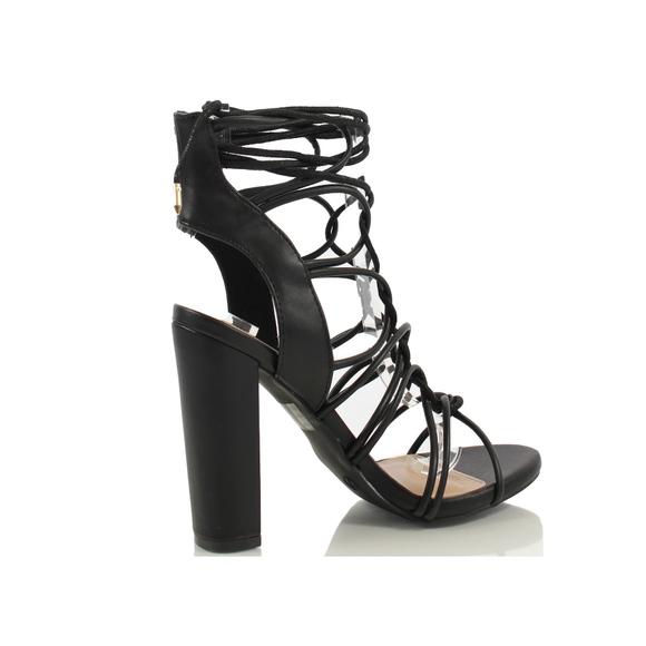 Black Open Toe Gladiator Cage Ankle Tie Sandal - Picture 3 of 5